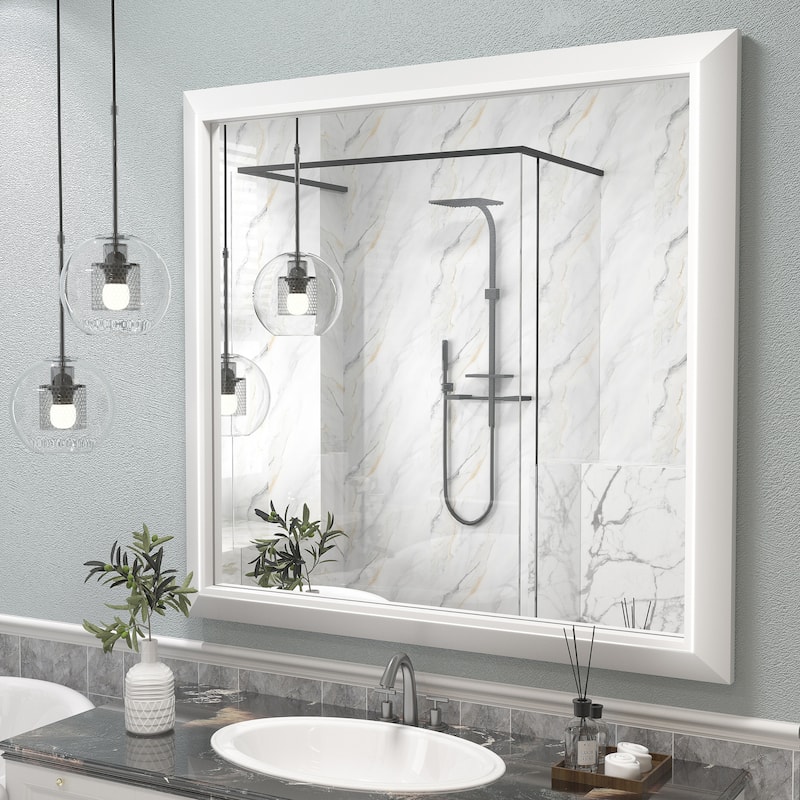 Beveled Metal Rectangle Framed Bathroom Vanity Tempered Glass Mirrors - 40" x 38" - White