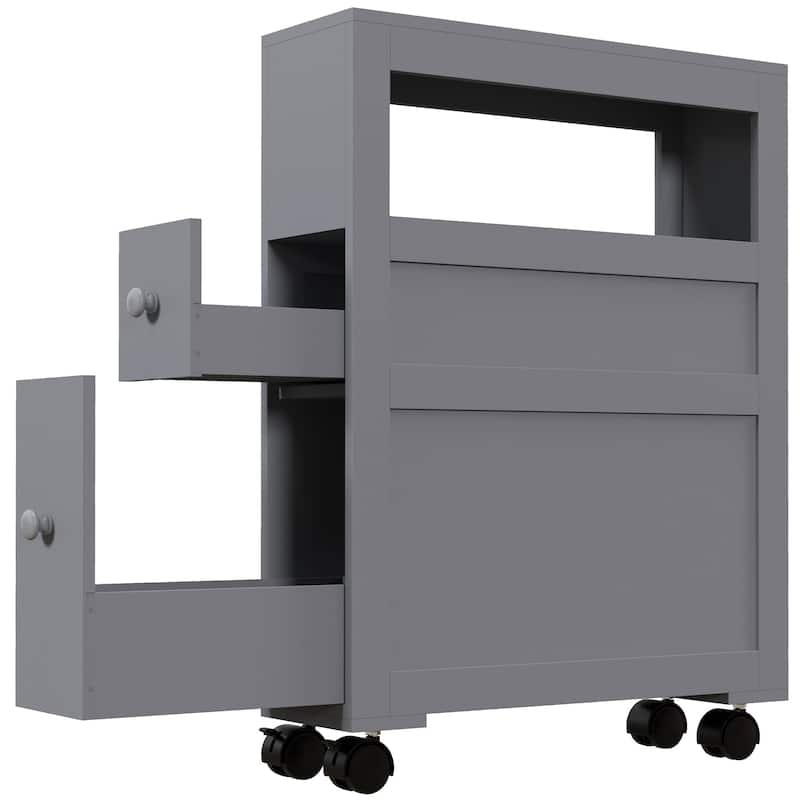 Homcom 6.25" X 20.5" X 28.25" Wood Rolling Narrow Bathroom Side Storage Cabinet - Gray