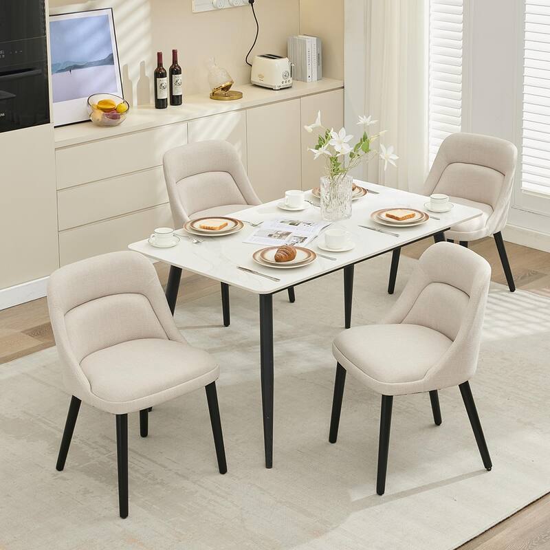 Set of 2 Modern Dining Chairs, Upholstered Linen Fabric Chairs with Wooden Legs, Comfortable Accent Chairs