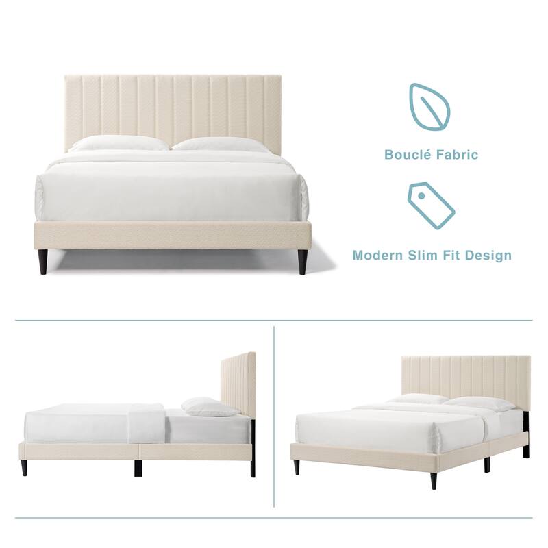 Cream White Upholstered Queen Platform Bed Frame