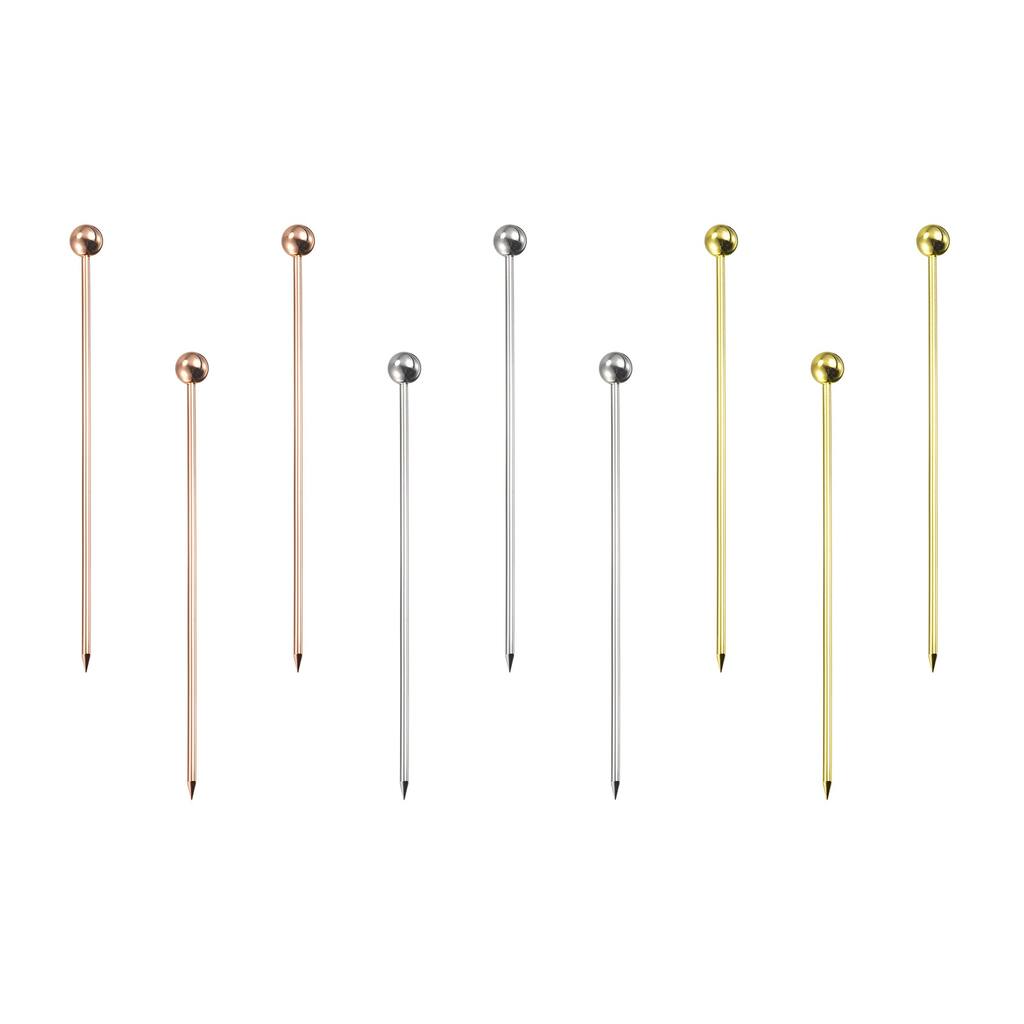 Metal Cocktail Toothpicks Round Bead Drink Picks 9Pcs (Silver, Gold, Rose Gold) - 4.25"
