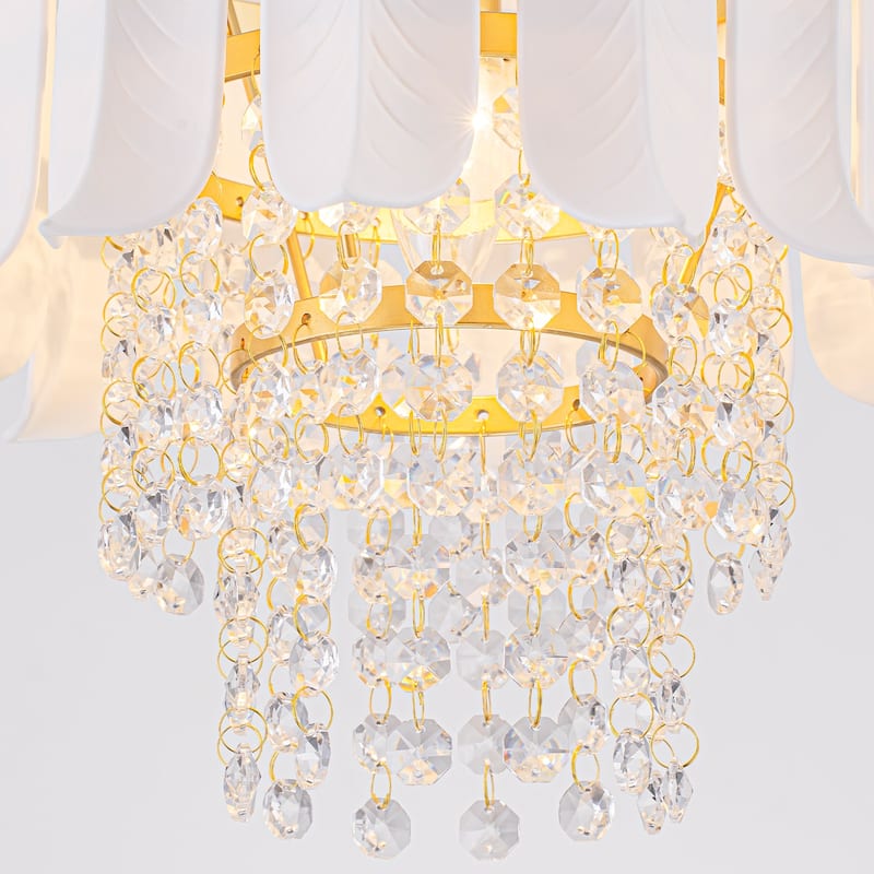 Brushed Gold Crystal Pendant Light with White Ceramic Shades Dining - Dia.9.84-in