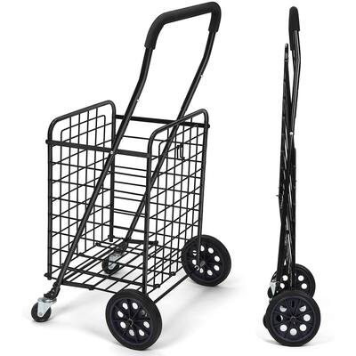 Folding Shopping Cart Utility Carts Rolling Laundry Basket with Dual Swivel Wheels,Black