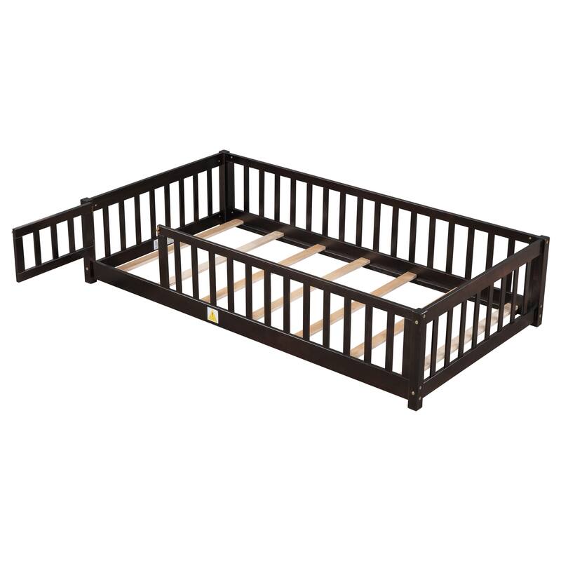 Twin size Floor Platform Bed with Fence and Door