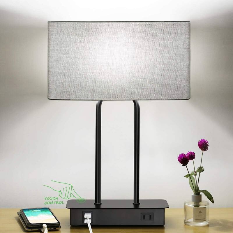 Bedside Touch Control Table Lamp with Dual USB Charging Ports 1 AC Outlet, 3 Way Dimmable Modern Nightstand Lamp - Gray