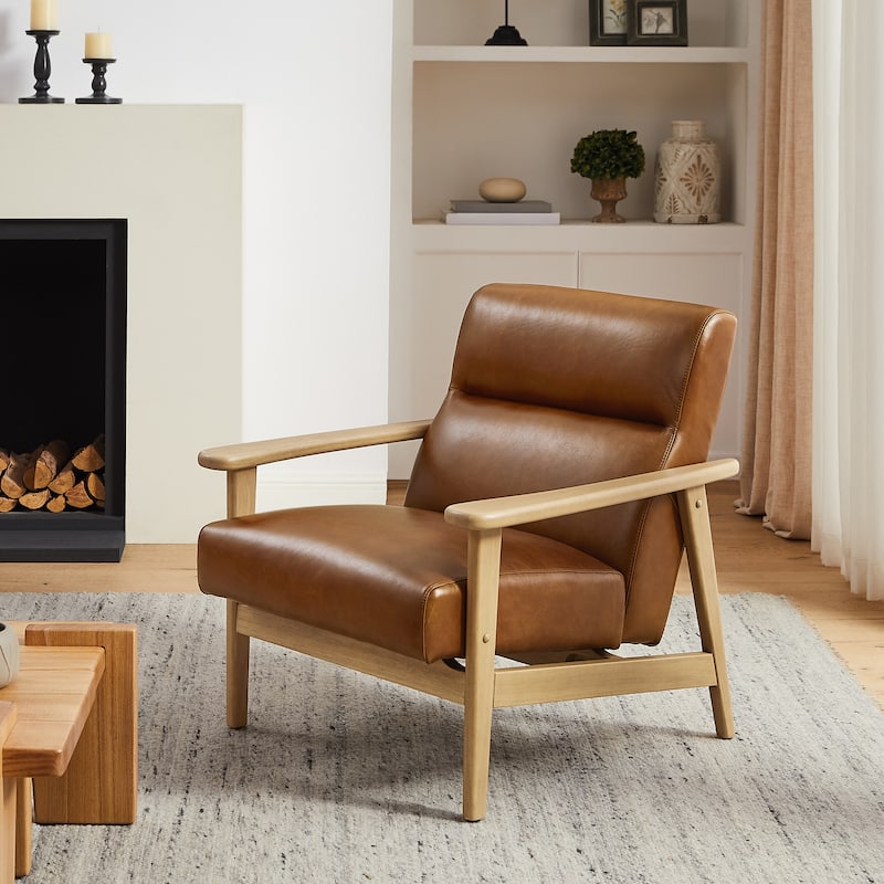 Modern Genuine Leather Accent Armchair with Natural Solid Wood Frame - Brown
