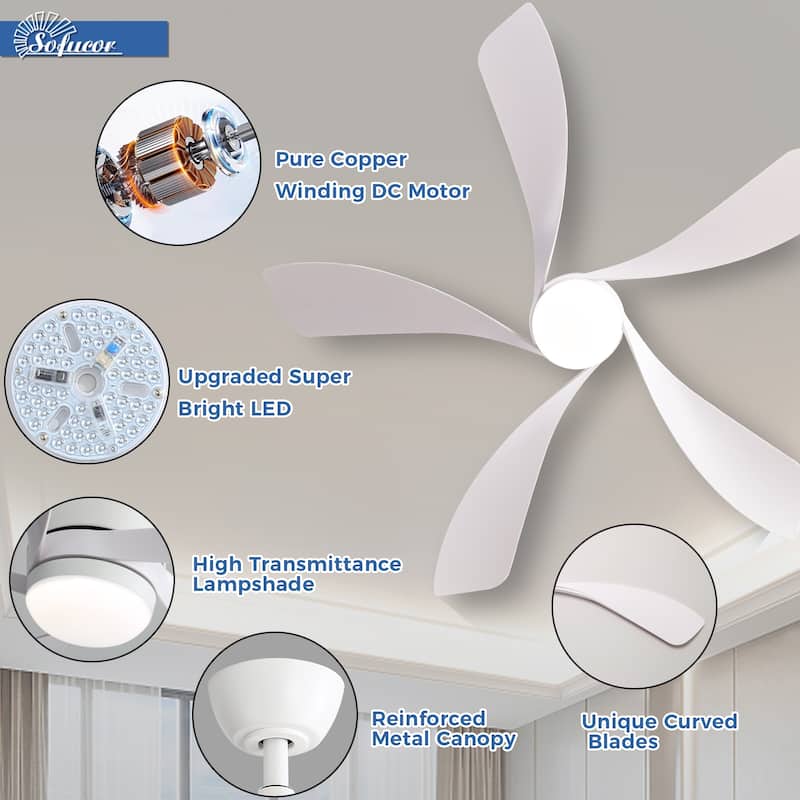 45 Inch / 52 Inch White Ceiling Fan with Dimmable LED Light and Remote, 6-Speed Reversible DC Motor, ABS Blades
