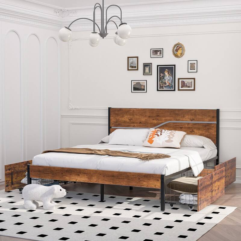 VECELO Upholstered Platform Bed Frame with 4 Storage Drawers, Full/Queen Size