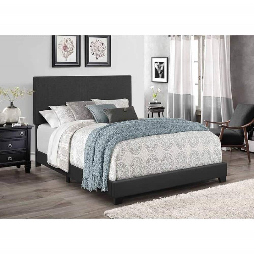 Contemporary Linen Upholstered Bed Frame with Headboard, Dark Gray