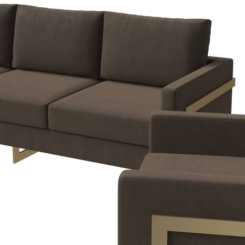 3-Piece Velvet Sofa Set with Gold Stainless Steel Base and Removable Cushions