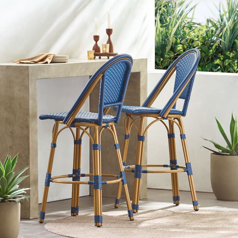 Shelton Wicker and Aluminum Outdoor 29.5 Inch Barstools by Christopher Knight Home -Set of 2 - Navy Blue/Bamboo Finish