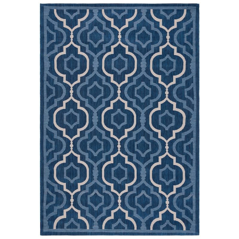 SAFAVIEH Courtyard Oyvor Indoor/ Outdoor Waterproof Patio Backyard Rug - 2'7" x 5' - Navy/Beige