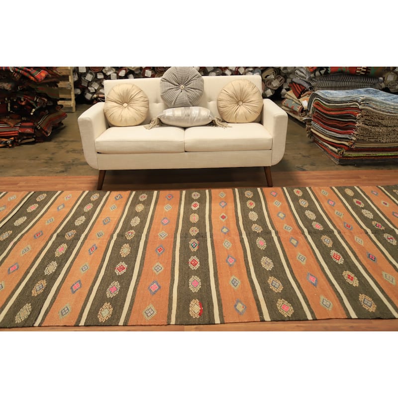 Hand Woven Oriental 100% Wool Carpet Southwestern Tribal Oranges & Rust Kilim Area Rug - 11' 2'' X 5' 8''