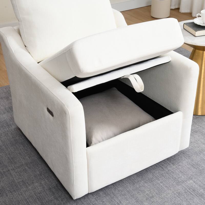 Swivel Arm Chair with Soft Chenille Fabric, Comfy Accent Chair With USB+TYPE-C charging and book pocket, 1 PC, White