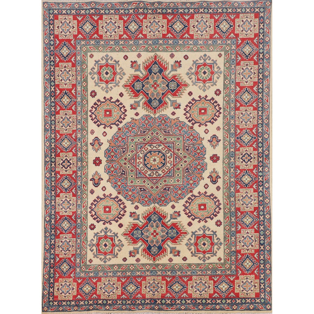 Kazak Oriental Area Rug Handmade Traditional Beige Wool Carpet - 5'0" x 6'6"