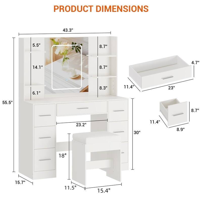 Vanity Desk with LED Lighted Mirror and Stool, 7 Drawers, 6 Open Shelves
