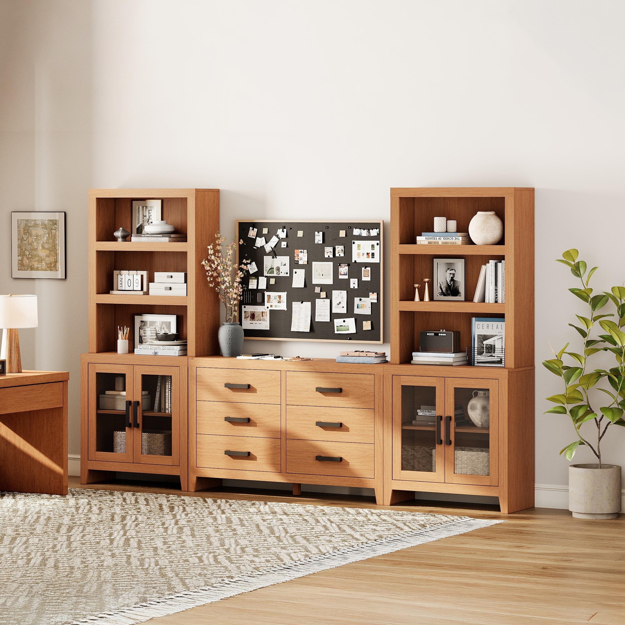 WAMPAT Farmhouse Entertainment Center with Bookshelves, Media Console with Glass Doors & 6 Storage Drawers