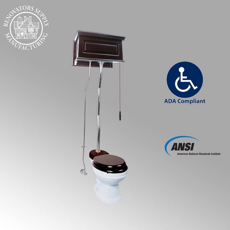 High Tank Toilet - Dark Oak Wooden Raised Tank, White Elongated Bowl and Chrome Z Pipe Renovators Supply