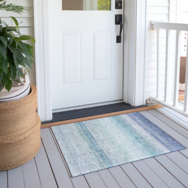 Machine Washable Indoor/ Outdoor Contemporary Stripes Chantille Rug - Blue - 1'8" x 2'6"