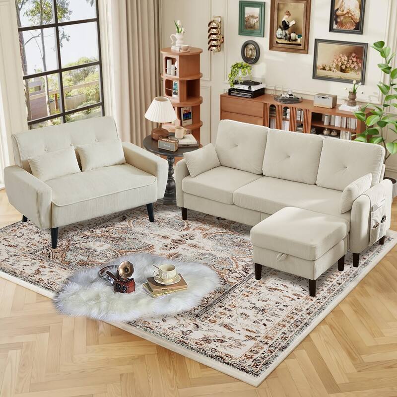 77.17" Corduroy 3 Pieces Living Room Sets with Sofa, Ottoman and Loveseat