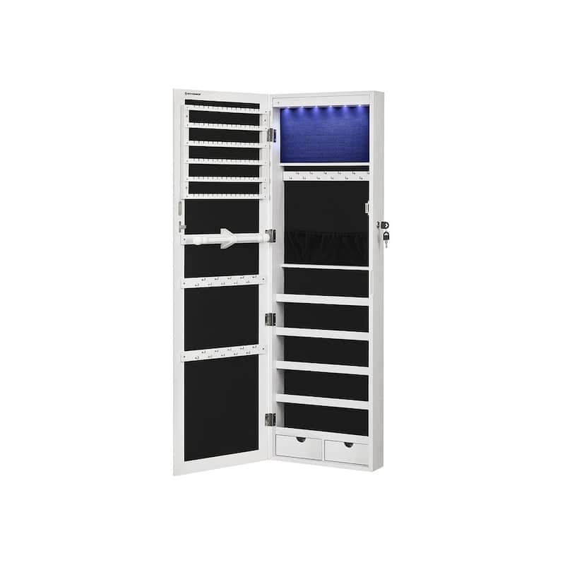 6 LED Lights Wall Mounted Lockable Jewelry Cabinet with Full Length Mirror and 2 Drawers - 47.3"H x 14.5"W x 3.9"D - White