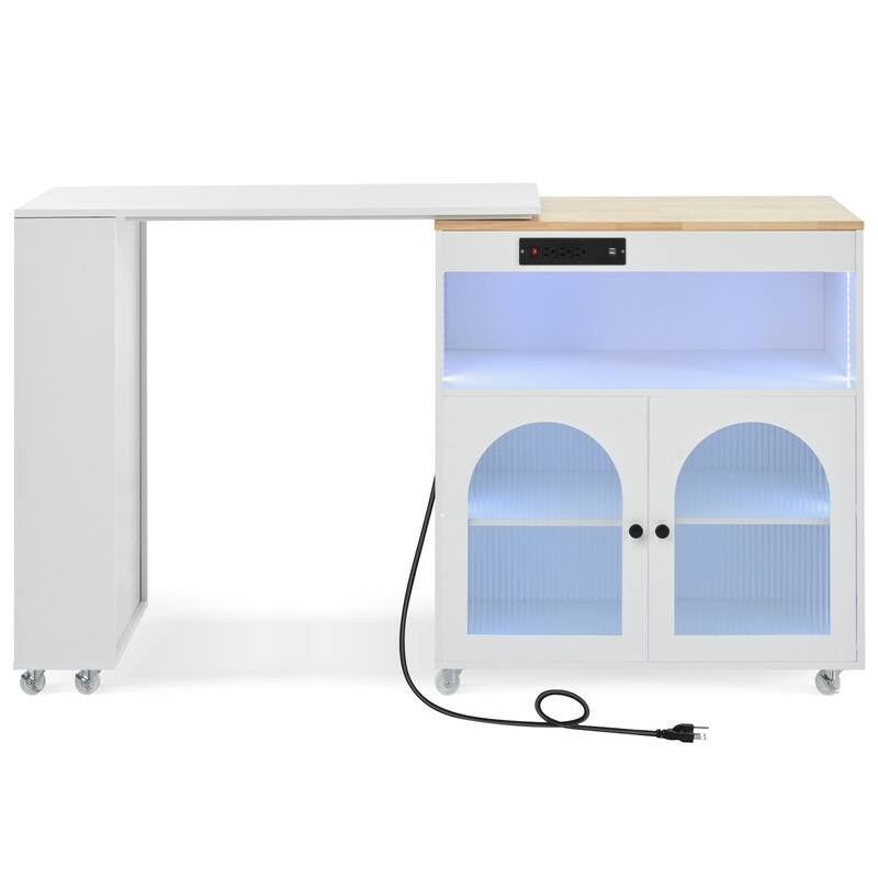 Kitchen Island Cart w/ Extended Table, Rolling Kitchen Island w/ LED Lights, Power Outlets & 2 Fluted Glass Doors & Open Shelves