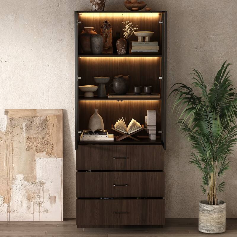 LED-Lit Wood Grain Cabinet - Configurable Storage for Home or Office