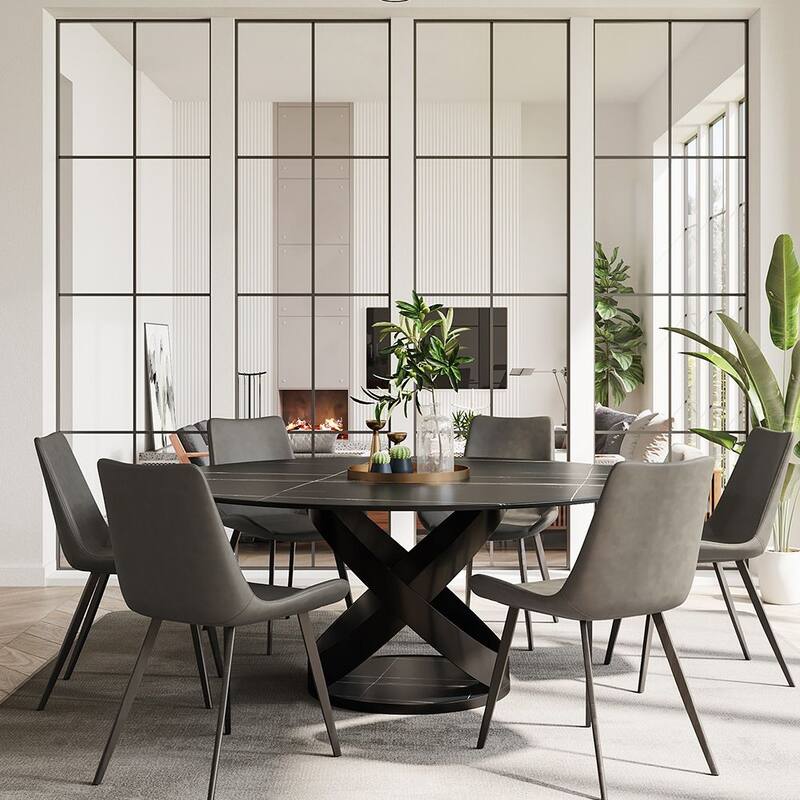 Modern Round White Glossy Dining Table with Sintered Stone Tabletop and Black X Carbon Steel Base