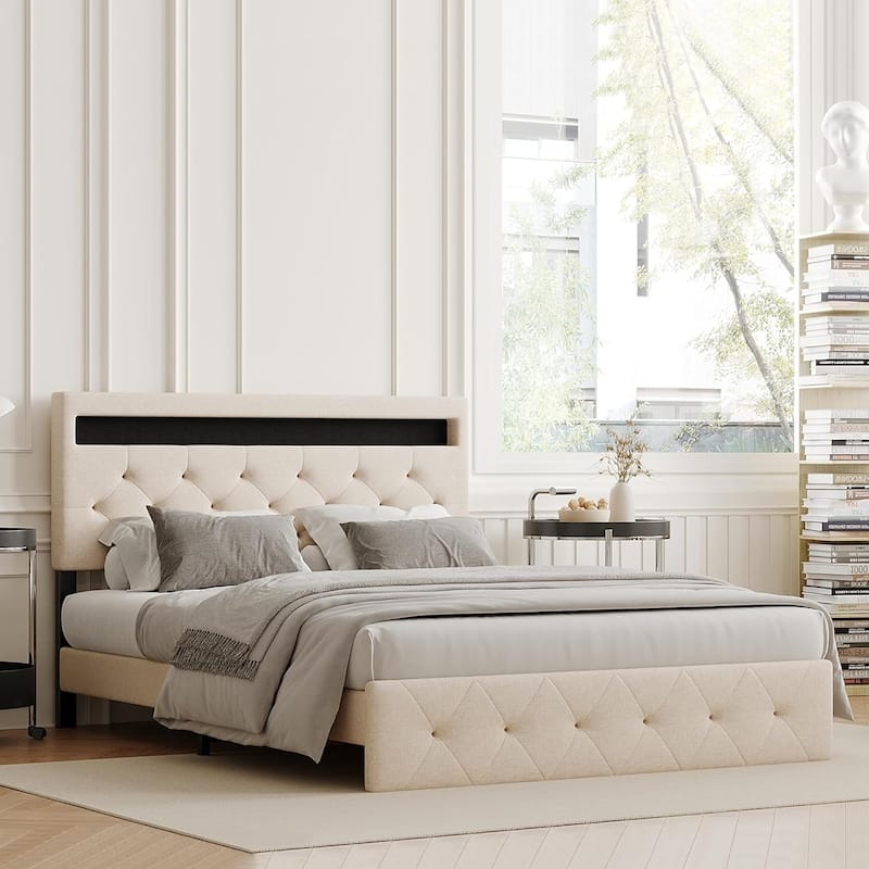 Upholstered Bed Frame with Storage Headboard, LED Lights, Charging Station & Wood Slats, Easy Assembly