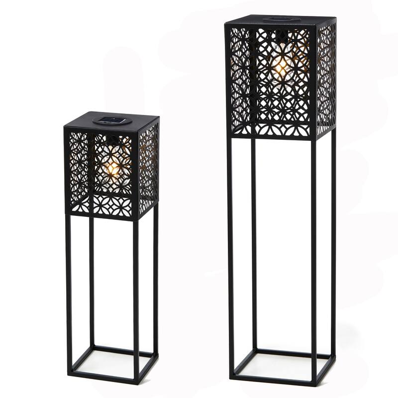 Glitzhome Set of 2 Outdoor Geometric Black Metal Solar Standing Lanterns with Bulb - 32"H & 22.25"H