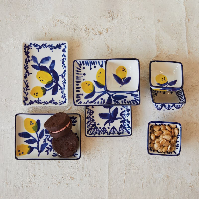 Stoneware Plate with 4 Lemon Designs - 6.0"L x 4.4"W x 0.8"H