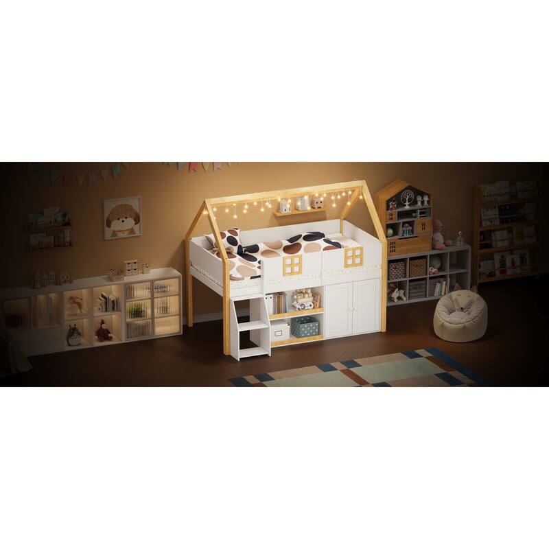 Roomfitters Twin/Full Low Loft Bed with LED Lights, Storage Staircase and Cabinets