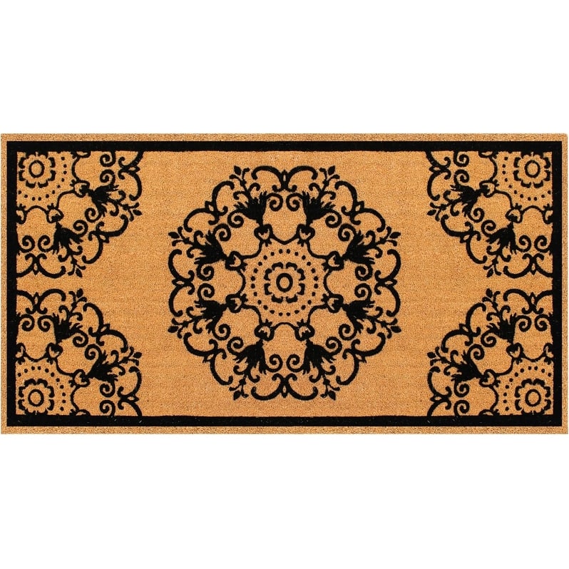 A1HC Natural Coir Flock Door Mat for Front Door, 36x72, Anti-Shed Treated Durable Double Door Entrance Doormat - Floral Flocked