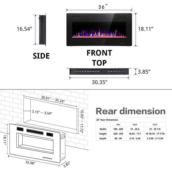 dimension image slide 5 of 5, Electric Fireplace Heater Recessed Wall-mounted w/ RC (750-1500W)