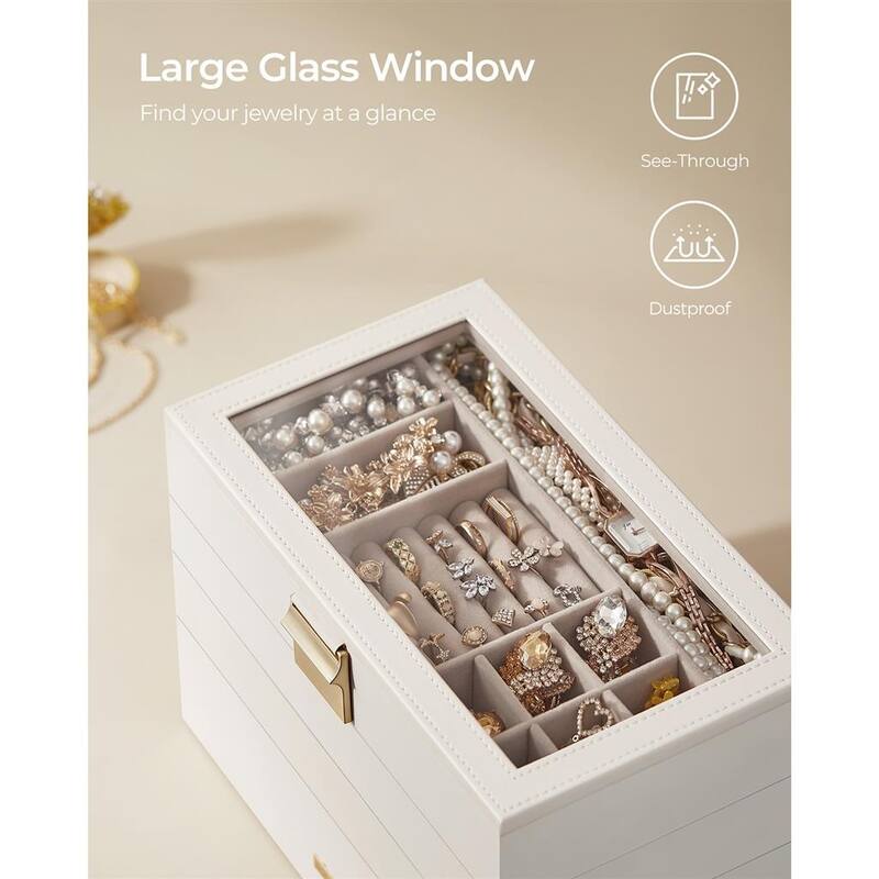 Multi-Layer Jewelry Storage Box with Stackable Trays and Soft Velvet Interior Protection and Glass Lid