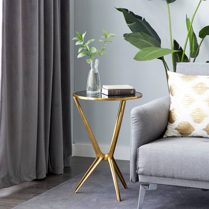 Aluminum Metal or Teak Wood Accent Table with Shaded or Clear Glass Top - Gold or Silver - Roche River Decor