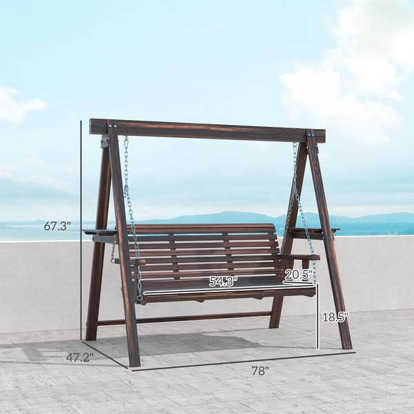 Outsunny 3 Seat Porch Swing with Stand, Wooden Patio Swing Chair with Side Tables and Metal Chains - N/A - Carbonized Brown