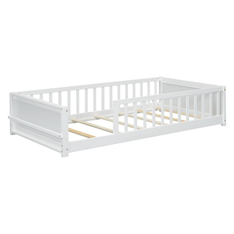 Twin Size Wood Floor Platform Bed with Built-in Book Storage Rack
