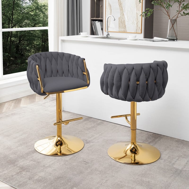 Best Quality Furniture Adjustable Velvet Upholstered Barstool w/ Chrome Finish Base (Set of 2)