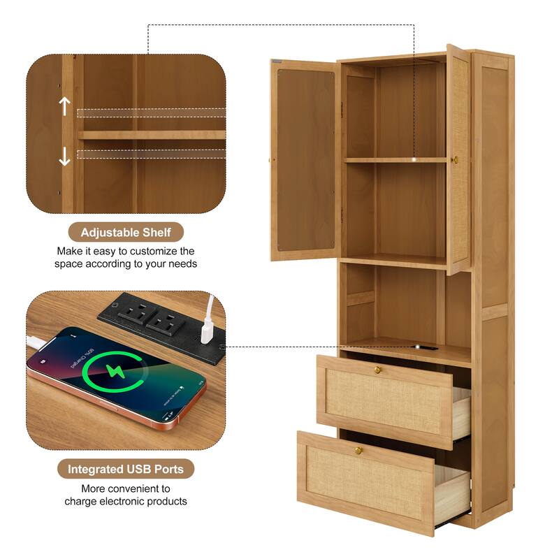 2 Doors Bookshelf with USB Port and 3 Drawers，Rattan Design Side Cabinet Storage Shelves，72.8 inch Tall Bookcase