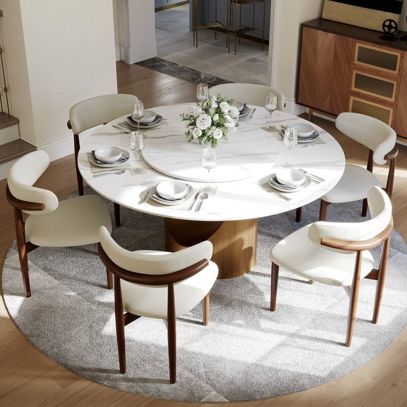Modern Round Dining Table for Diningroom，White Glossy Stone Tabletop,Bronze Carbon Pedestal