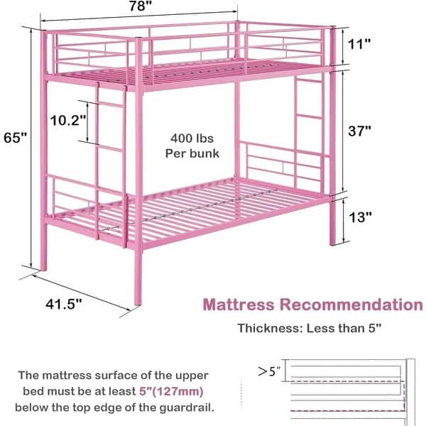dimension image slide 1 of 2, Metal Twin Over Twin Bunk Bed Frame with Side Ladders, 13inch Under-Bed Storage, Squeak-Resistant, Full-Length Guardrails