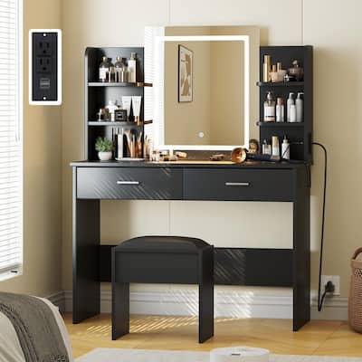 Makeup Vanity Set with Mirror, Stool， Charging Station， 2 Drawers, 6 Shelves