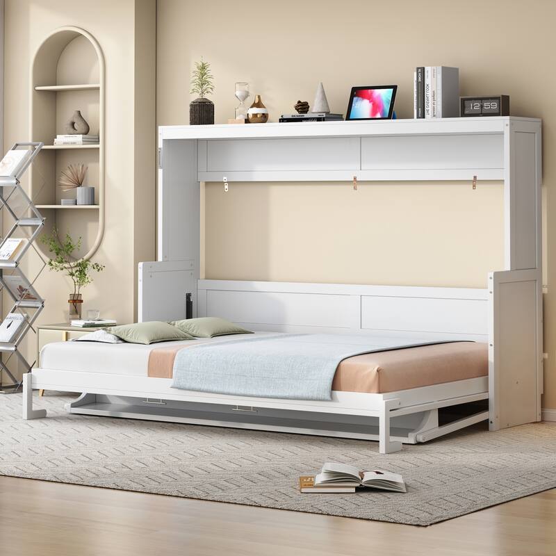 Space-Saving Queen Size Murphy Bed with Hydraulic Lift and Desk, White