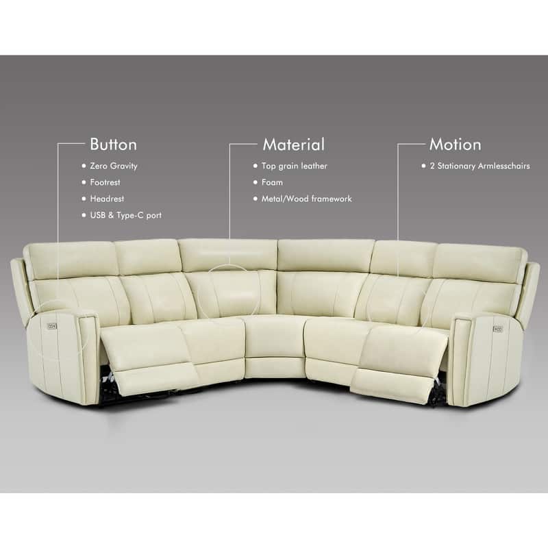 104" W 3-Color Genuine Leather Power Reclining sectional sofa With Zero Gravity, USB&USB-C Ports, 2 Stationary Armlesschairs