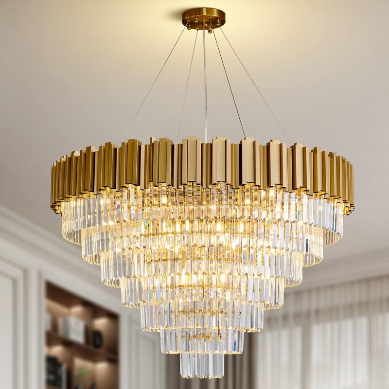 KAYLA Large Crystal Chandelier - 35.4"Modern 6-Tier 17-Light Chrome Ceiling Light, Luxury K9 Crystal - 39in - Gold