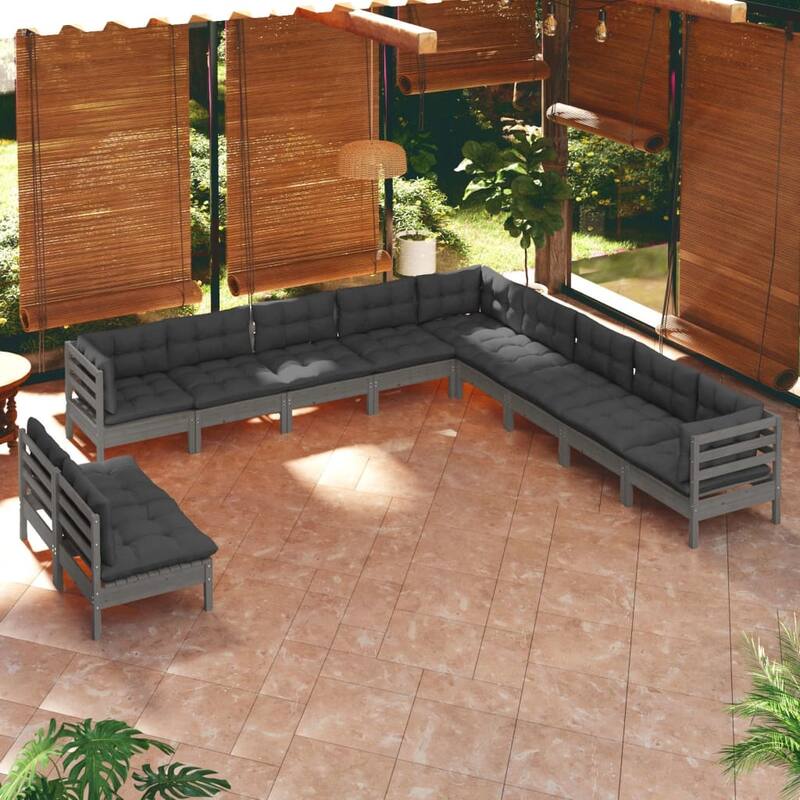 vidaXL Solid Pinewood Patio Lounge Set 12 Piece with Cushions Multi Colors - Grey