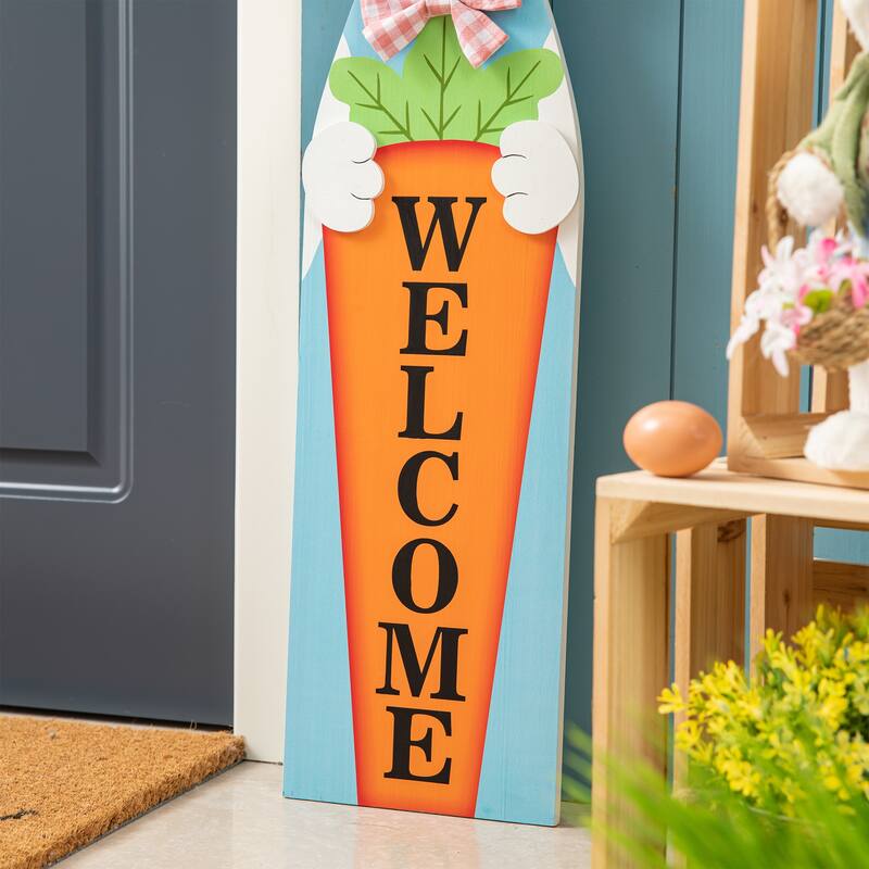 Glitzhome 42"H Easter Wooden Metal Carrot Bunny Porch Sign Spring Gifts