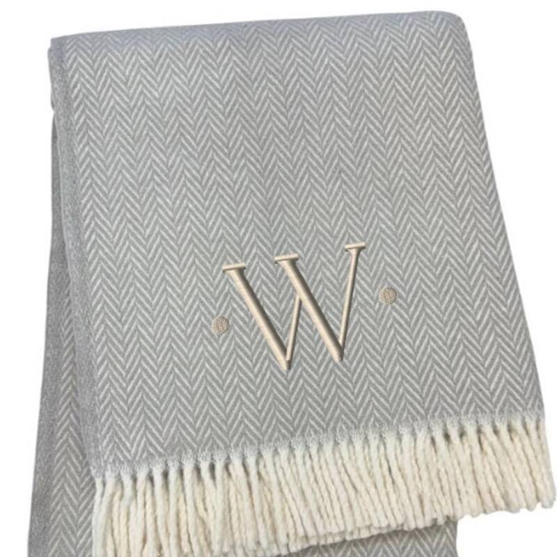 55" X 70" Gray And White Herringbone Cotton Blend A Initial Throw Blanket with Tassels And Embroidery