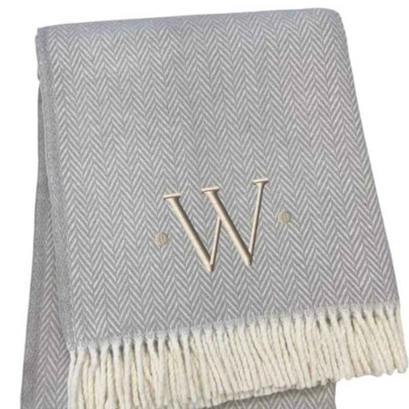 HomeRoots 55" X 70" Gray And White Herringbone Cotton Blend W Initial Throw Blanket with Tassels And Embroidery